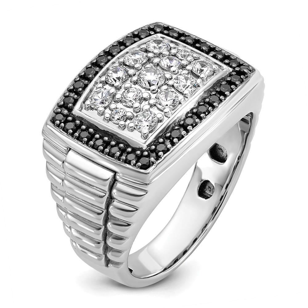 14k White Gold Black and White Diamond Cluster Men's Ring