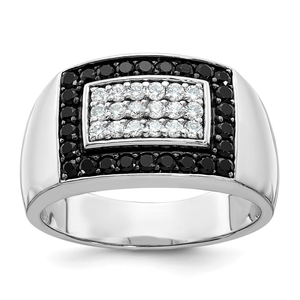 14k White Gold Black and White Diamond Rectangular Cluster Men's Ring