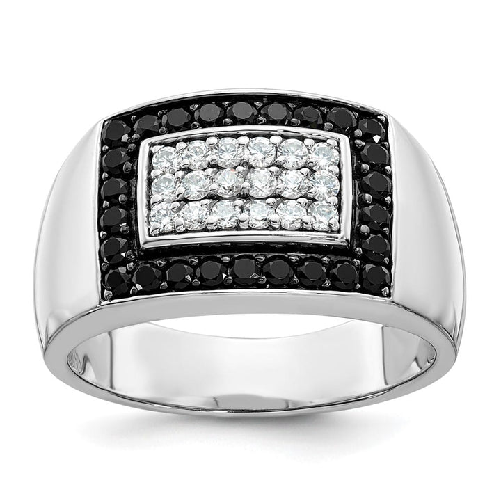 14k White Gold Black and White Diamond Rectangular Cluster Men's Ring