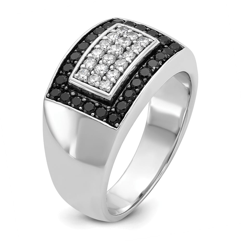 14k White Gold Black and White Diamond Rectangular Cluster Men's Ring