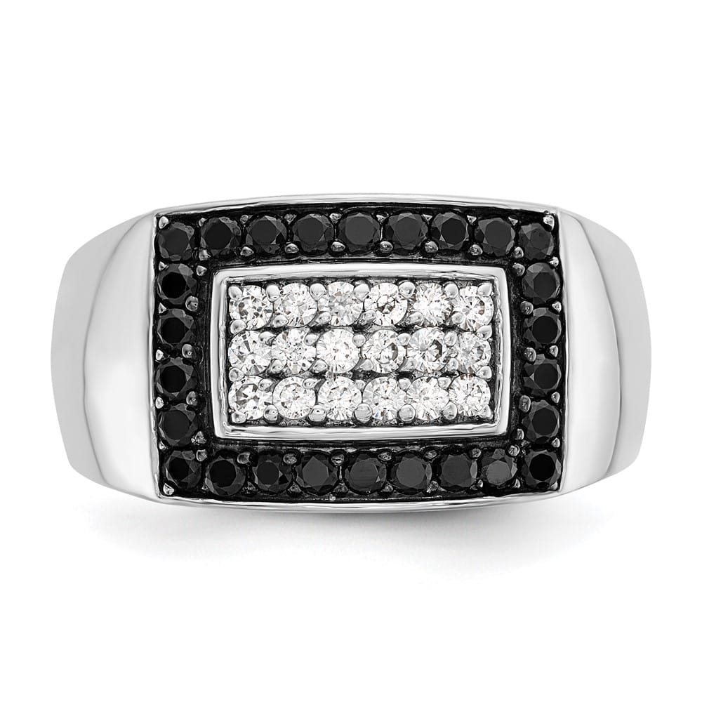 14k White Gold Black and White Diamond Rectangular Cluster Men's Ring