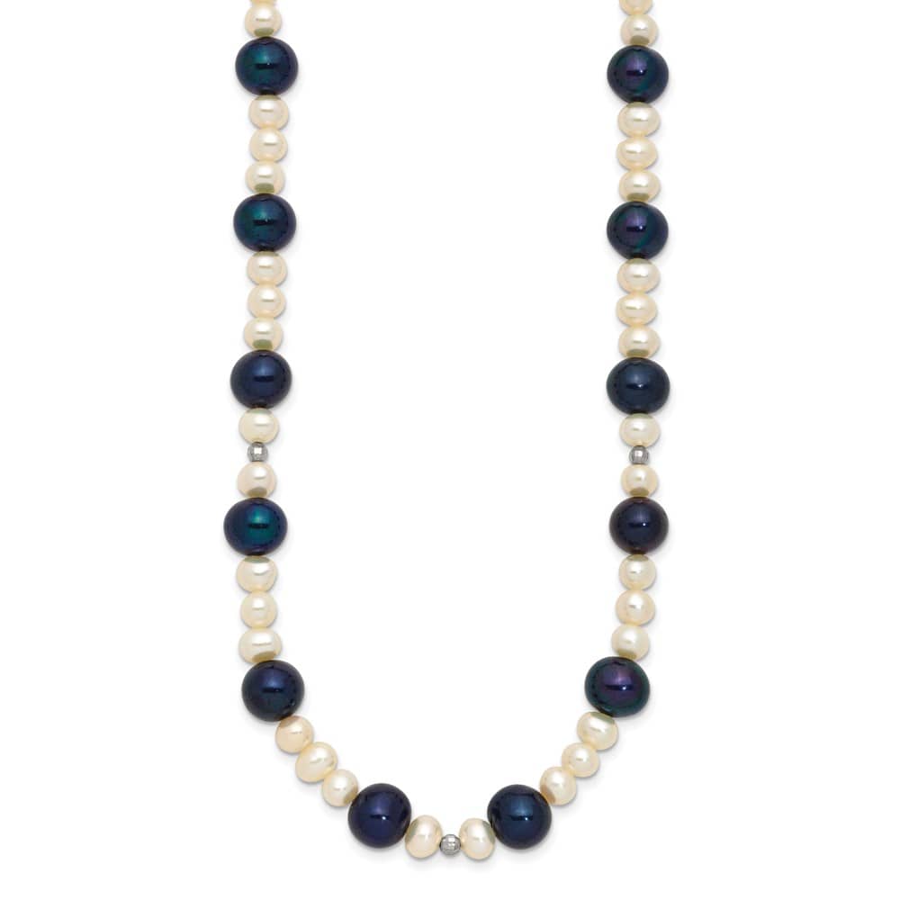 14K White Gold Black and White Round Cultured Pearl 18 inch Necklace