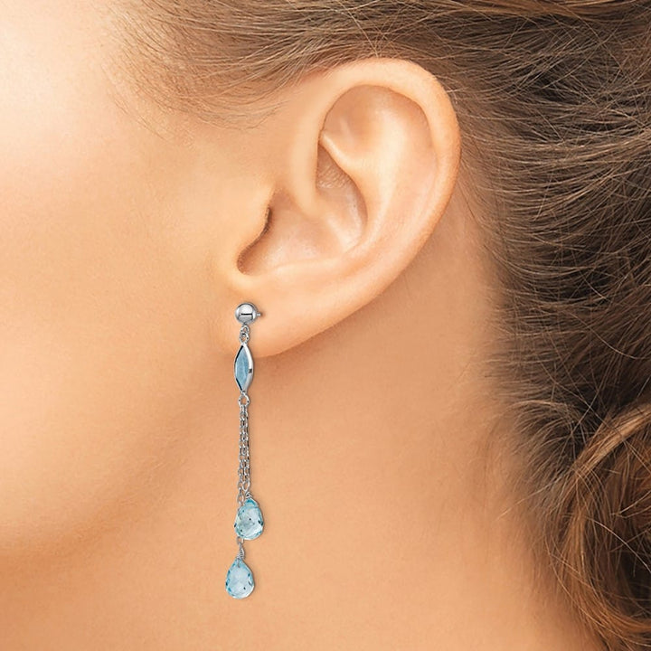 14K White Gold Blue Topaz Chain Dangle Post Earrings, view 3 of 4