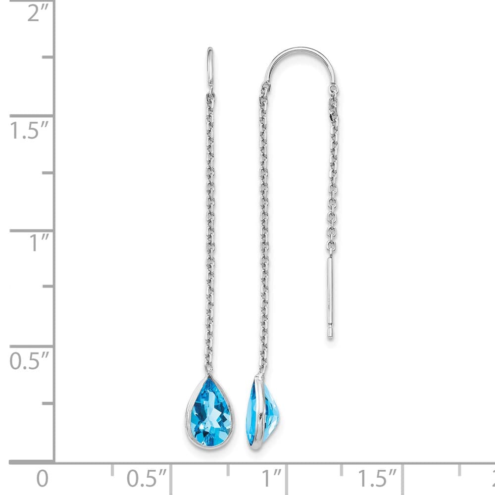 14K White Gold Blue Topaz Pear Bezel Threader Earrings, view 4 of 4