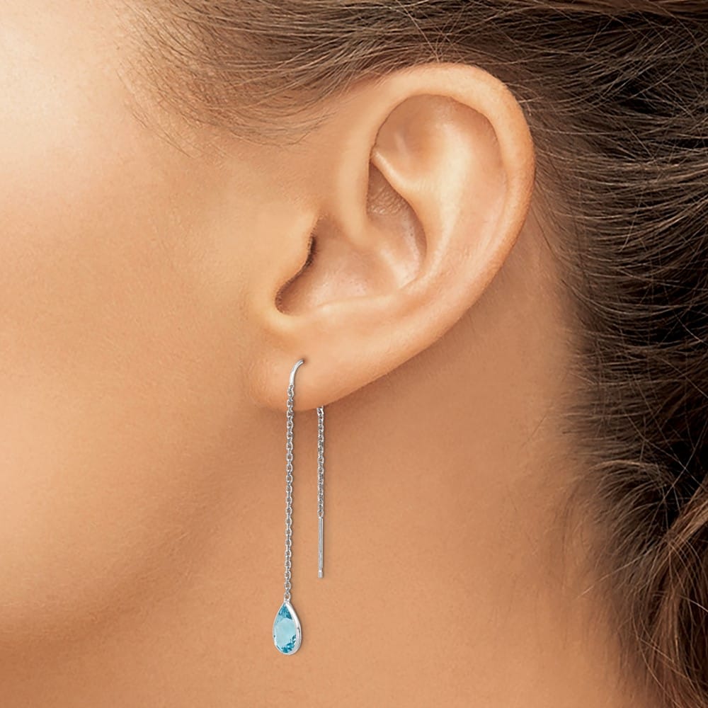 14K White Gold Blue Topaz Pear Bezel Threader Earrings, view 3 of 4