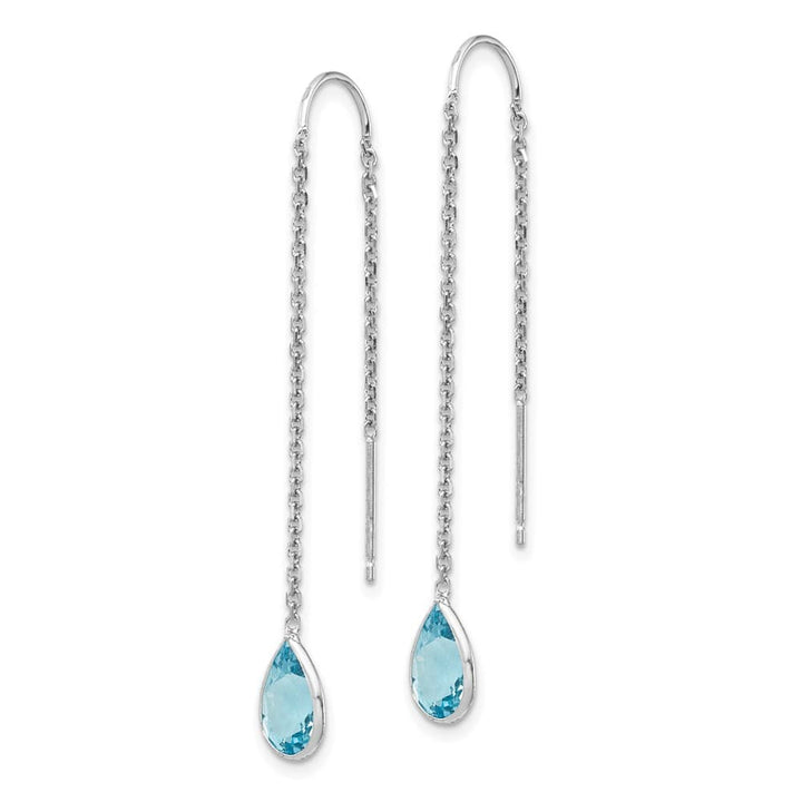 14K White Gold Blue Topaz Pear Bezel Threader Earrings, view 2 of 4
