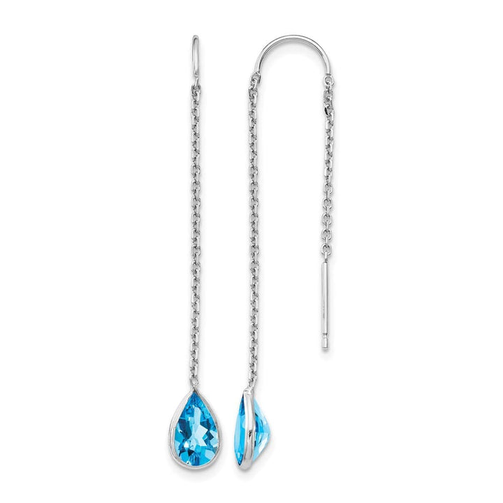 14K White Gold Blue Topaz Pear Bezel Threader Earrings, view 1 of 4
