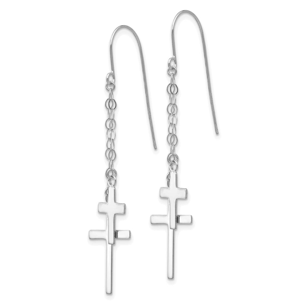 14K White Gold Chain Dangle 2-Cross French Hook Earrings