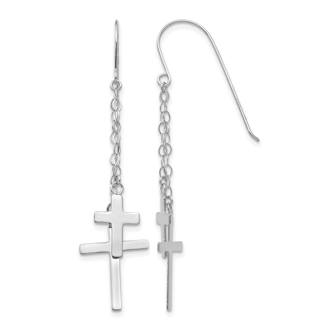 14K White Gold Chain Dangle 2-Cross French Hook Earrings