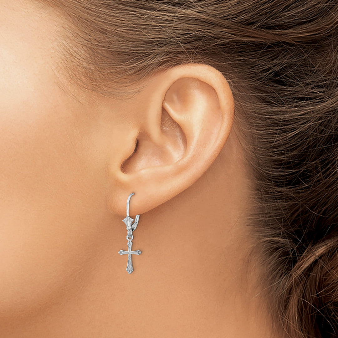 14K White Gold Cross Dangle Leverback Earrings