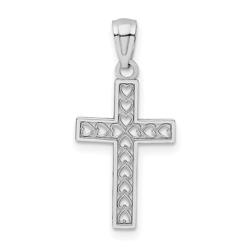 14K White Gold Cross with Hearts Pendant