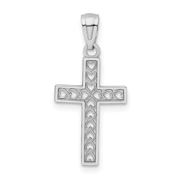 14K White Gold Cross with Hearts Pendant