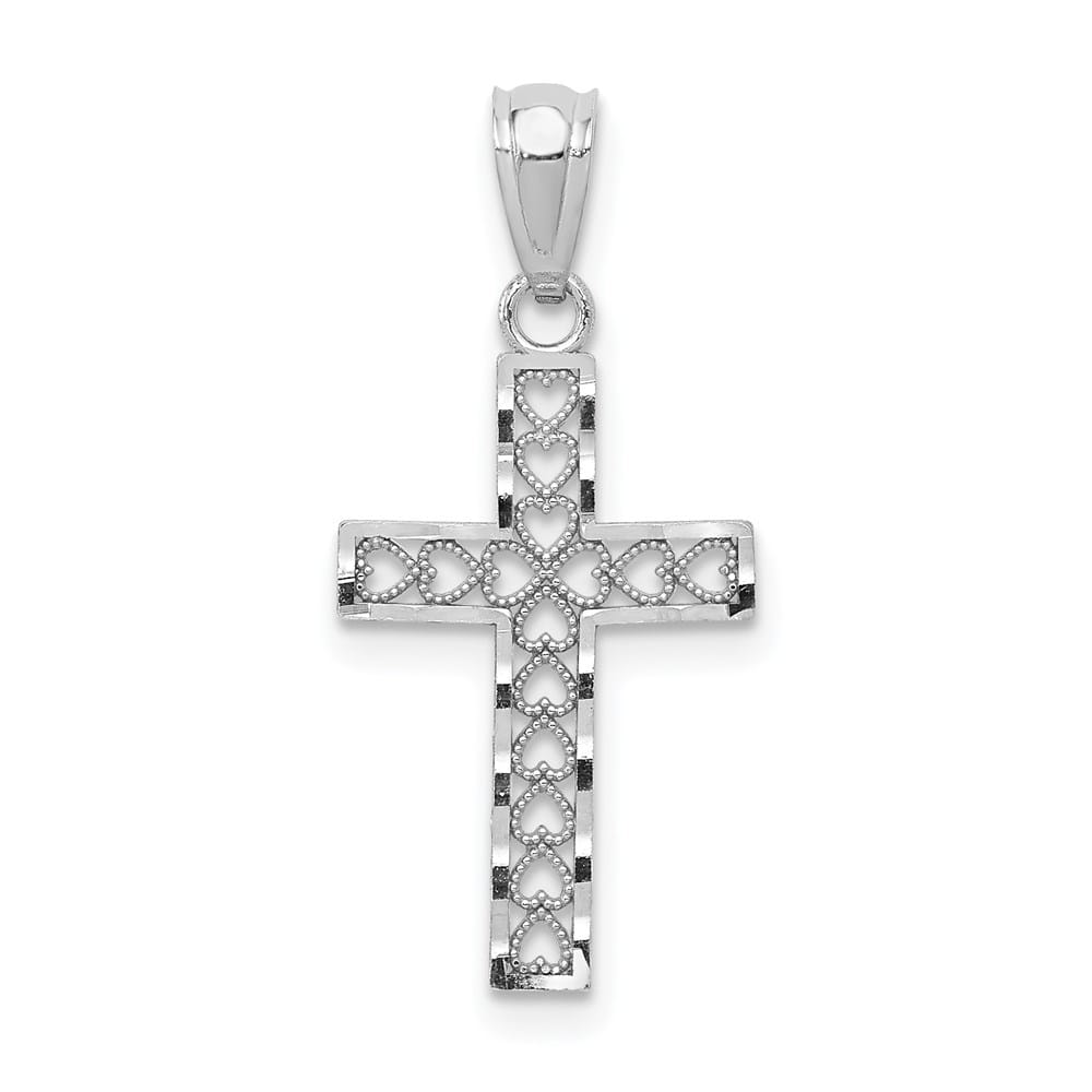 14K White Gold Cross with Hearts Pendant