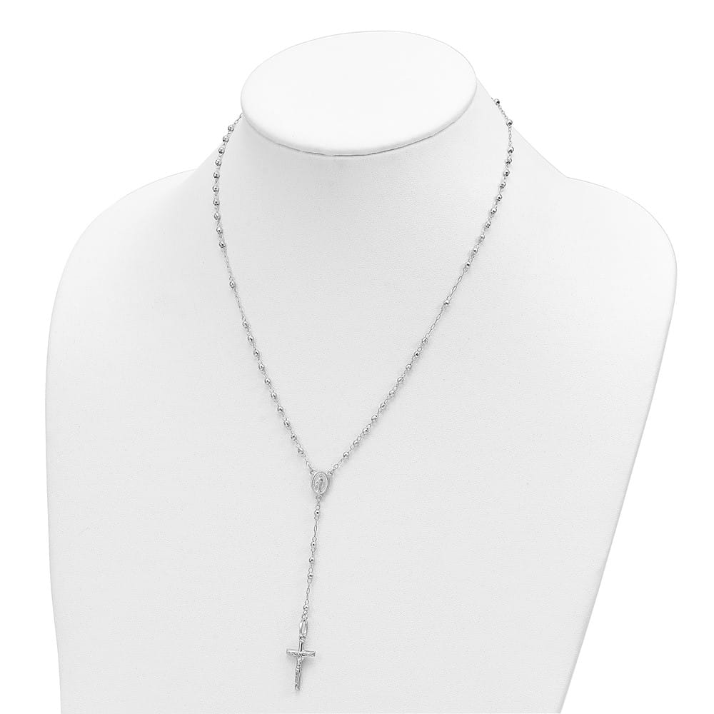 14K White Gold Crucifix Miraculous Medal Beads Rosary 18 inch Necklace