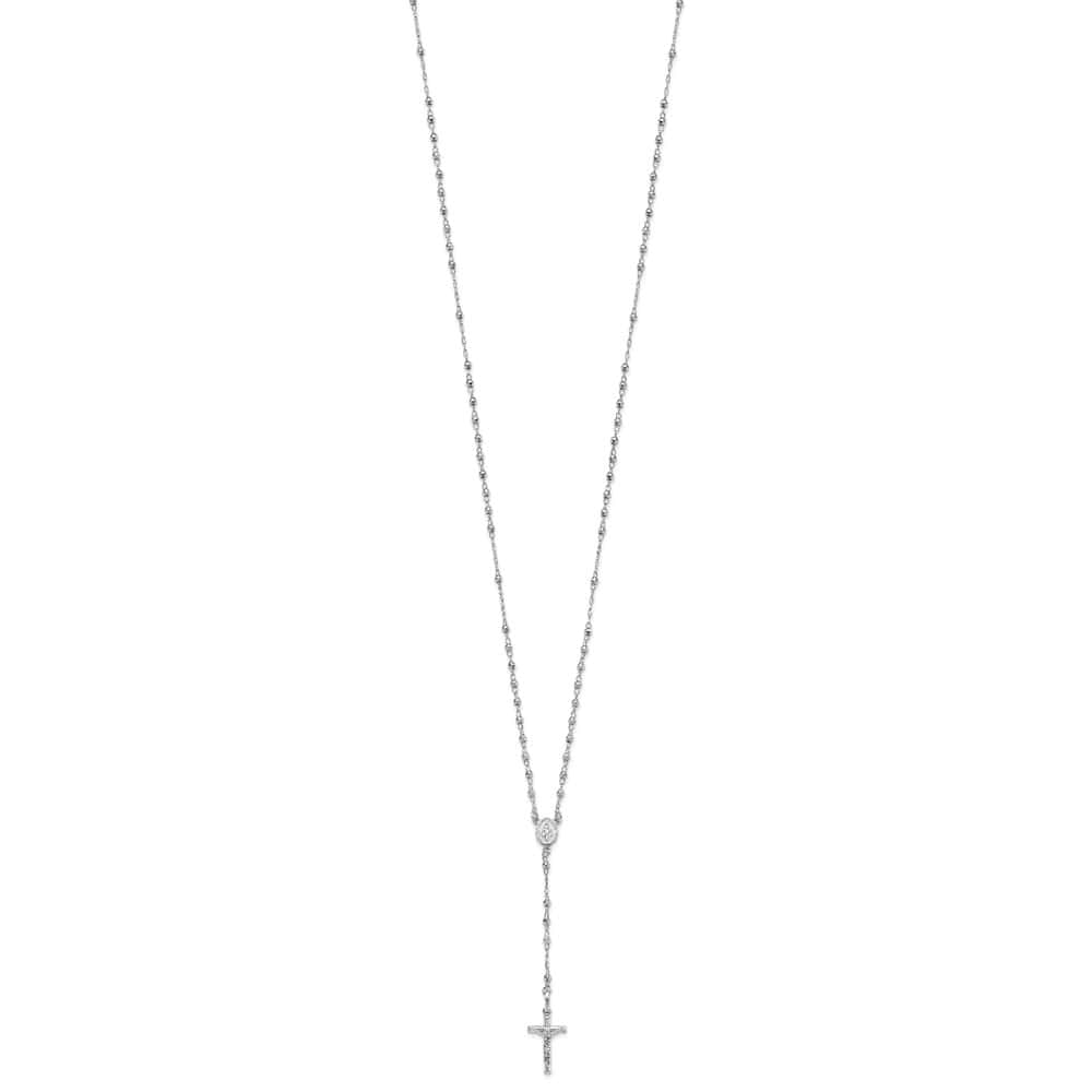 14K White Gold Crucifix Miraculous Medal Beads Rosary 18 inch Necklace