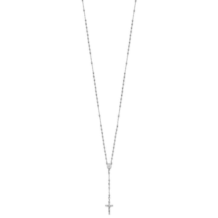 14K White Gold Crucifix Miraculous Medal Beads Rosary 18 inch Necklace