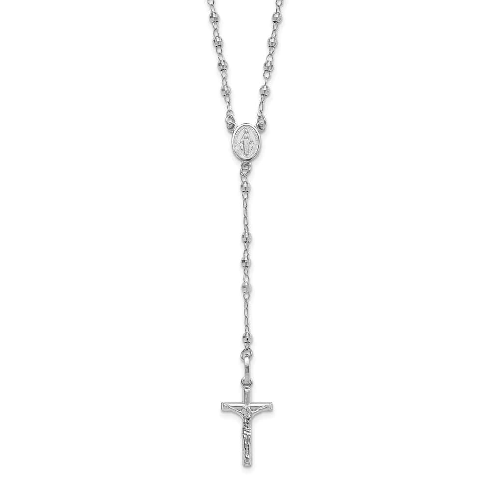 14K White Gold Crucifix Miraculous Medal Beads Rosary 18 inch Necklace