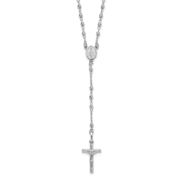 14K White Gold Crucifix Miraculous Medal Beads Rosary 18 inch Necklace