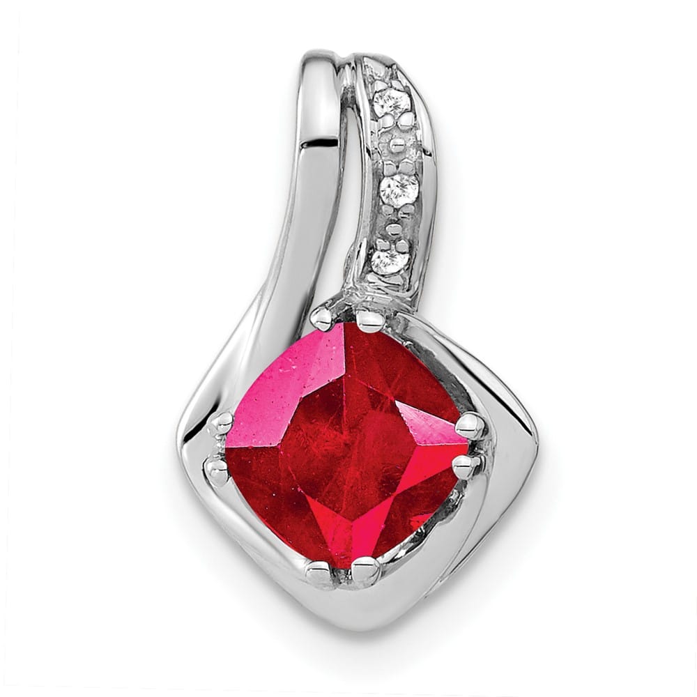 14K White Gold Cushion Lab Created Ruby and Diamond Chain Slide