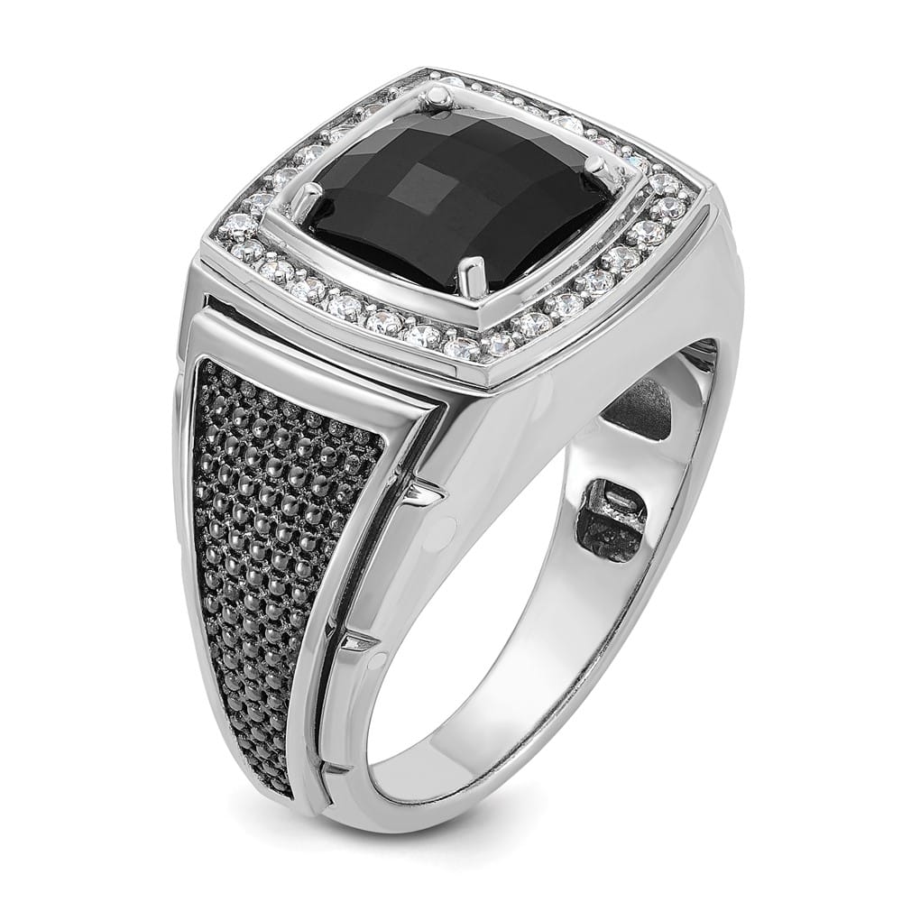 14k White Gold Cushion Onyx and 1/4 Carat Diamond Men's Ring