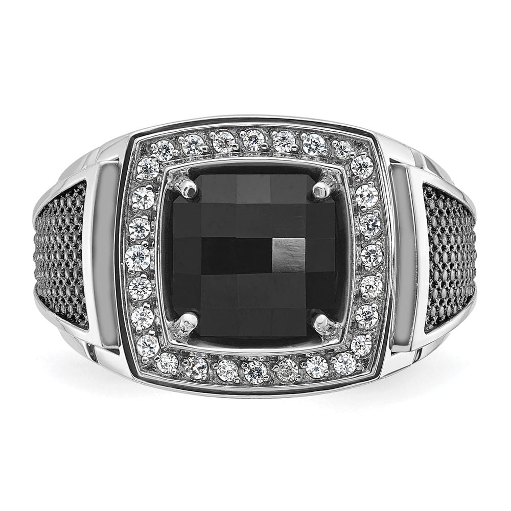 14k White Gold Cushion Onyx and 1/4 Carat Diamond Men's Ring