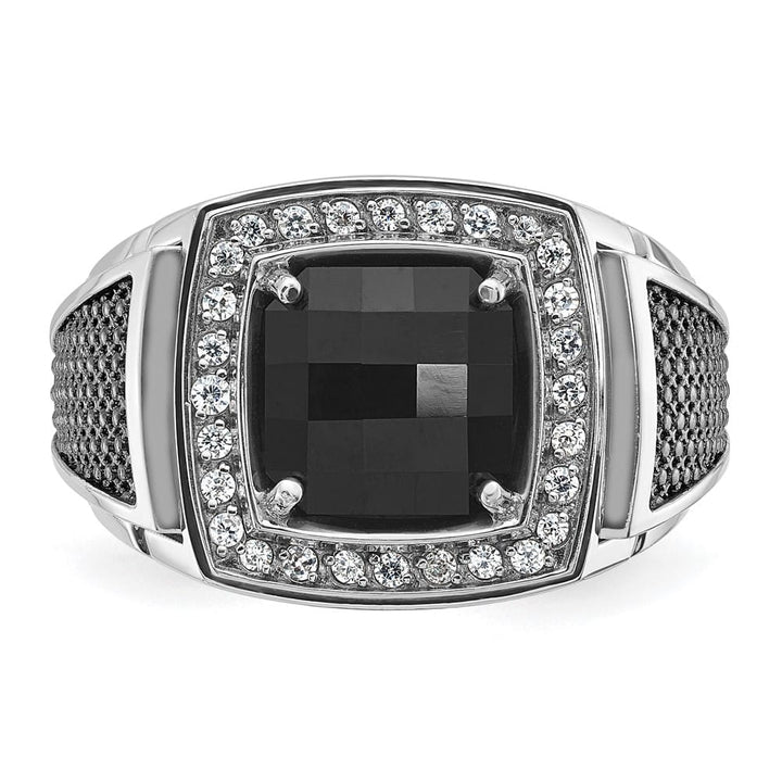 14k White Gold Cushion Onyx and 1/4 Carat Diamond Men's Ring