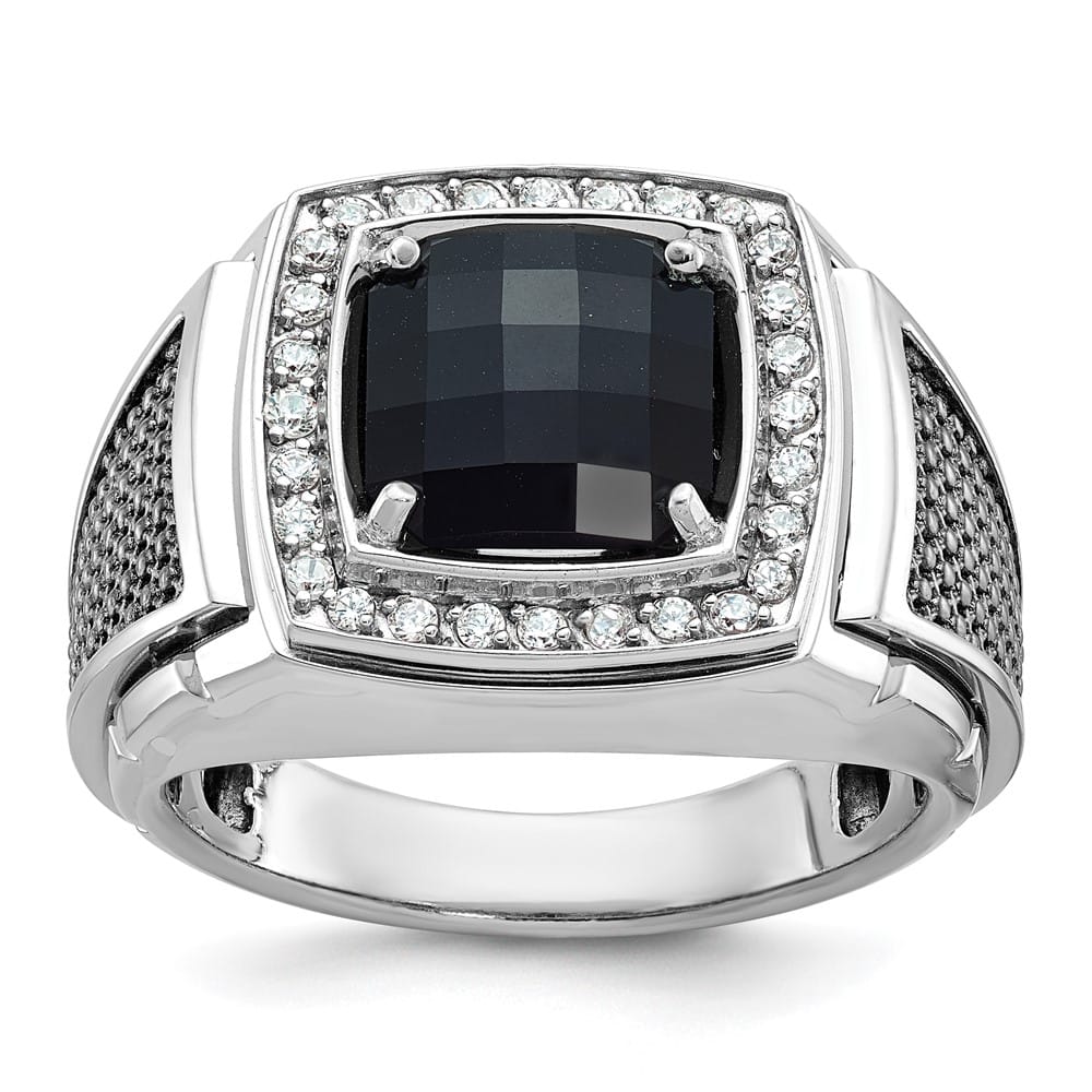 14k White Gold Cushion Onyx and 1/4 Carat Diamond Men's Ring