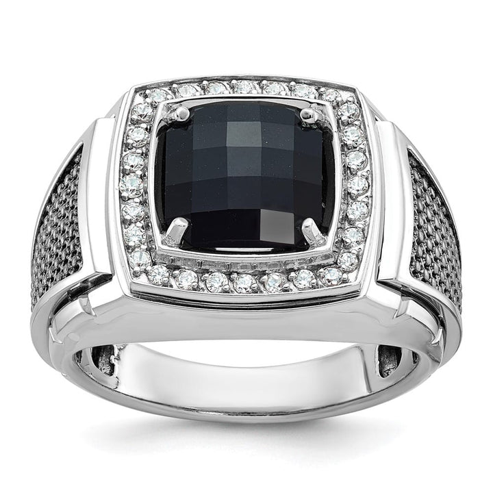 14k White Gold Cushion Onyx and 1/4 Carat Diamond Men's Ring