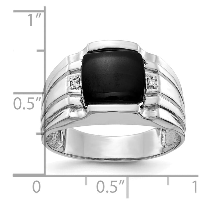 14k White Gold Cushion Onyx and I1 Diamond Men's Ring