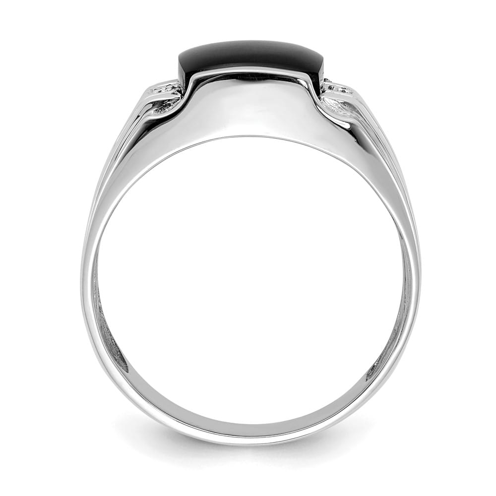 14k White Gold Cushion Onyx and I1 Diamond Men's Ring