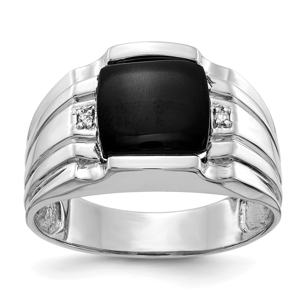 14k White Gold Cushion Onyx and I1 Diamond Men's Ring