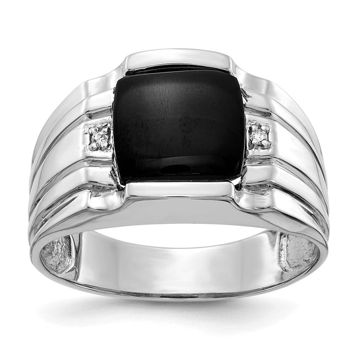14k White Gold Cushion Onyx and I1 Diamond Men's Ring