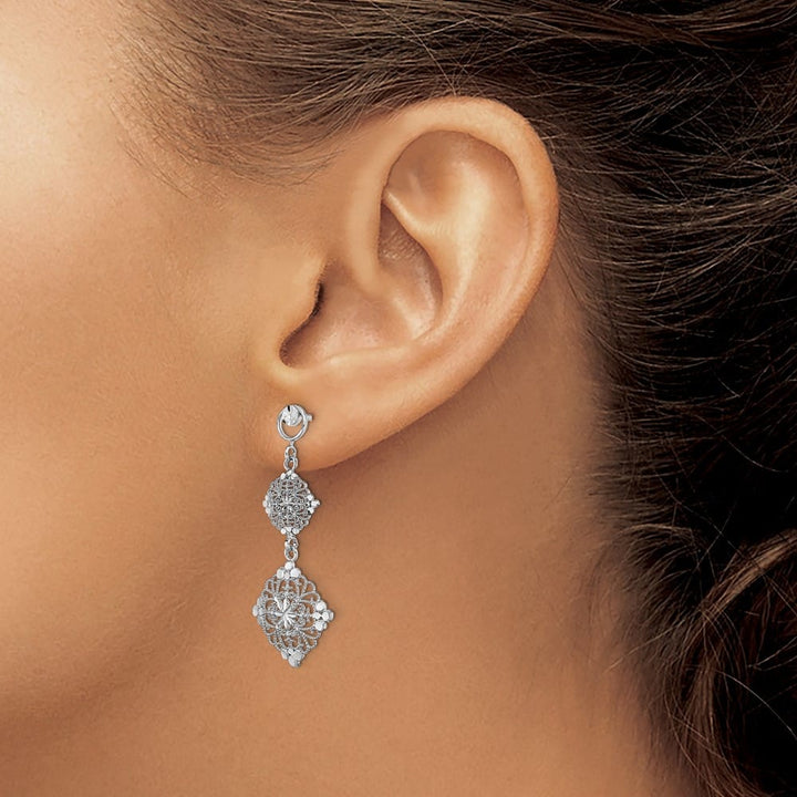 14K White Gold D.C. Filigree Dangle Post Earrings, view 3 of 4