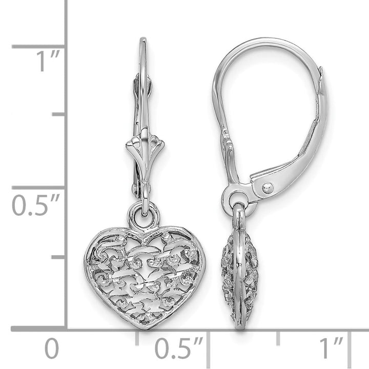 14K White Gold D.C. Filigree Puffed Heart Leverback Earrings, view 4 of 4