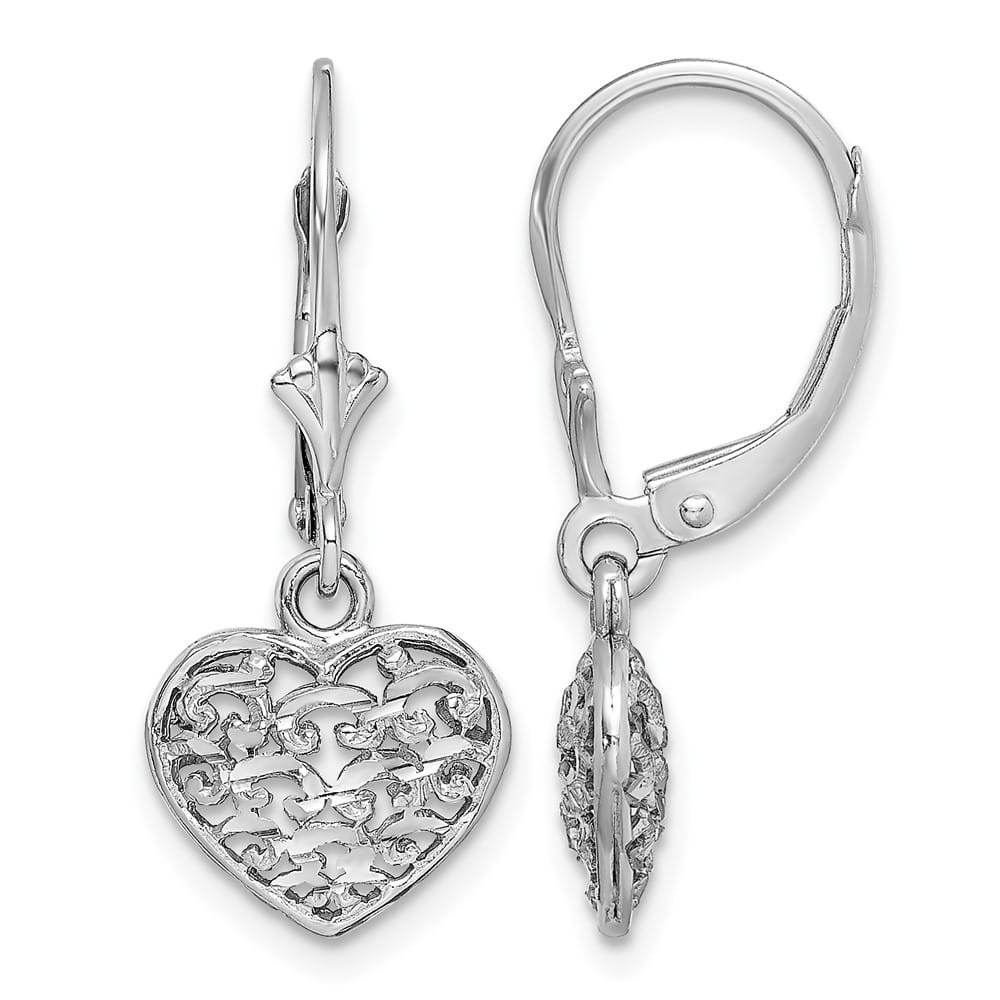 14K White Gold D.C. Filigree Puffed Heart Leverback Earrings, view 1 of 4
