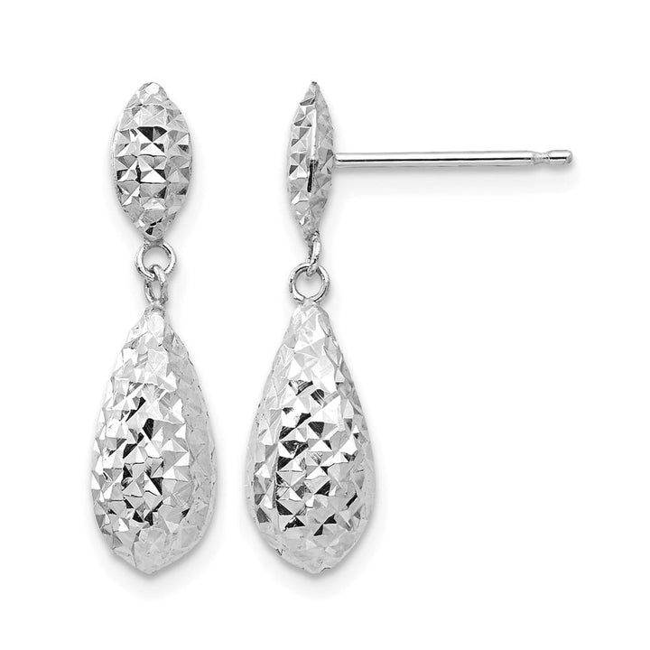 14K White Gold D.C. Puffed Teardrop Dangle Post Earrings, view 1 of 4