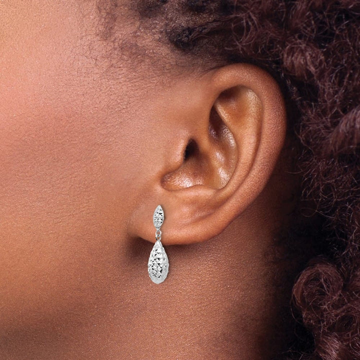 14K White Gold D.C. Puffed Teardrop Dangle Post Earrings, view 3 of 4