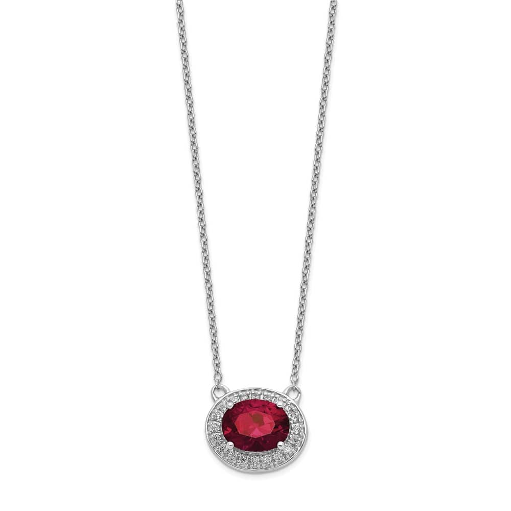 14K White Gold Diamond 9x7mm Oval Ruby Halo East-West 18 inch Necklace