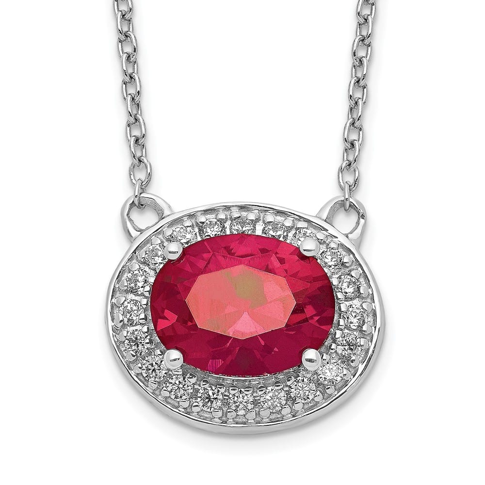 14K White Gold Diamond 9x7mm Oval Ruby Halo East-West 18 inch Necklace