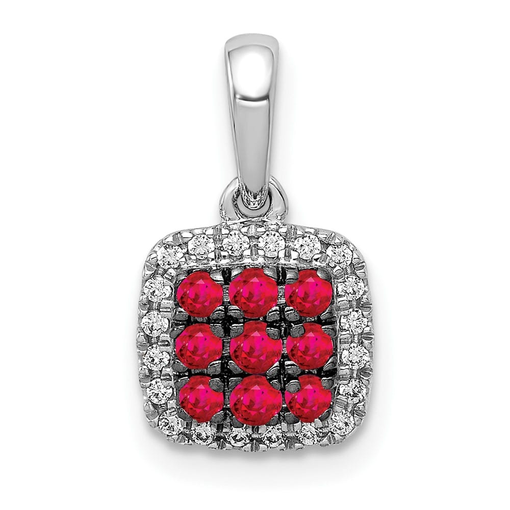 14K White Gold Diamond and .23 ct Ruby Cluster Square Halo Pendant