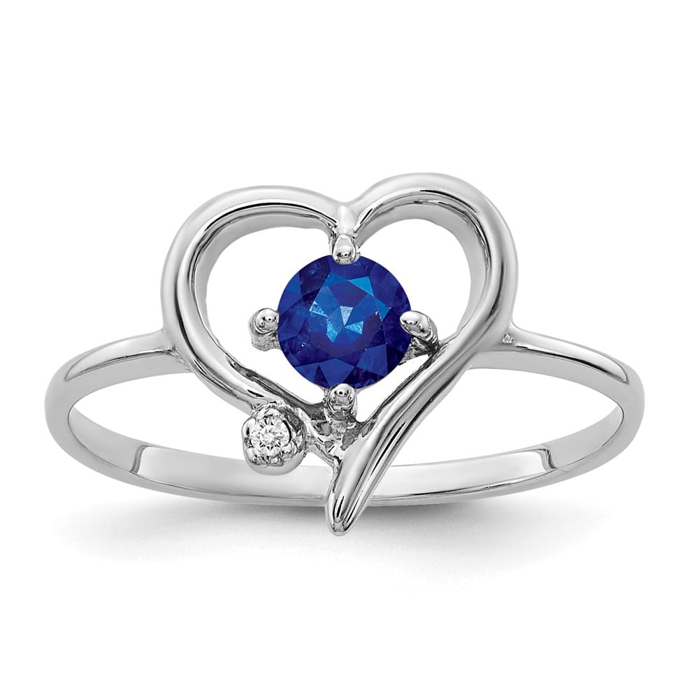 14k White Gold Diamond and 4 mm Blue Sapphire Heart Ring