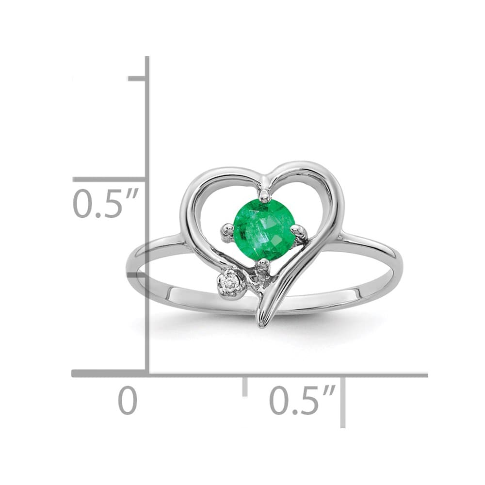 14k White Gold Diamond and 4 mm Round Emerald Heart Ring