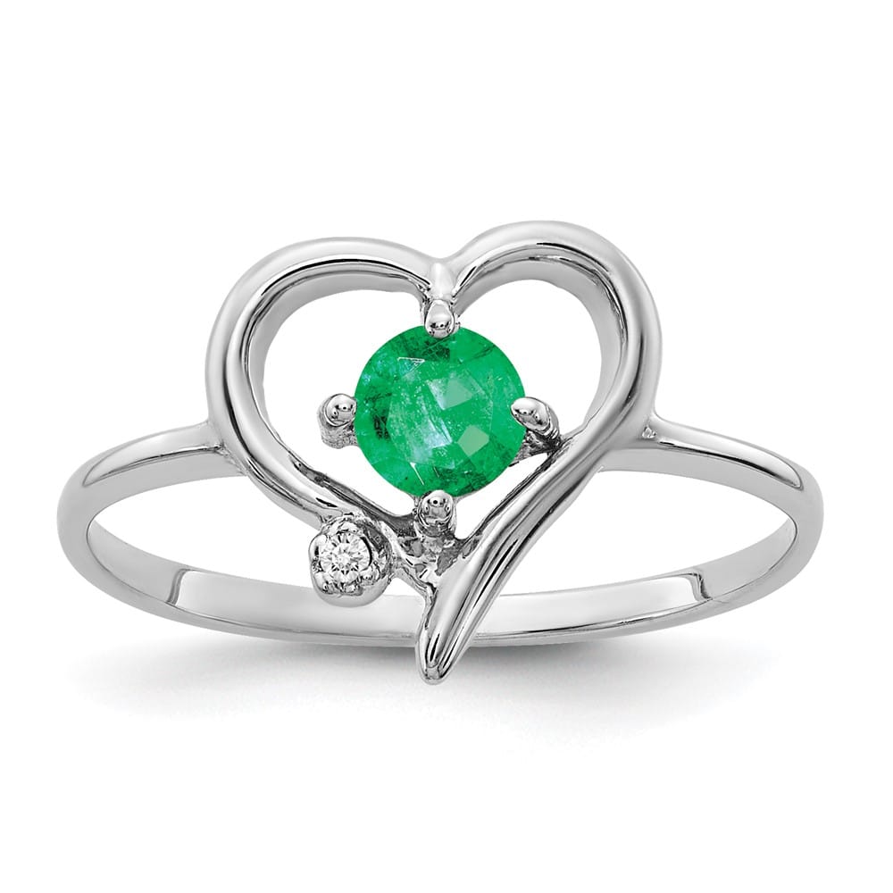 14k White Gold Diamond and 4 mm Round Emerald Heart Ring