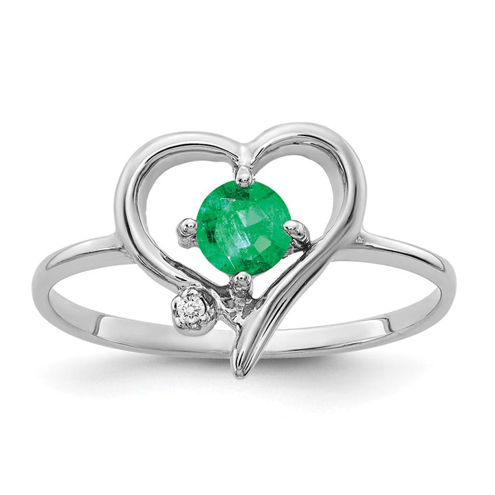 14k White Gold Diamond and 4 mm Round Emerald Heart Ring
