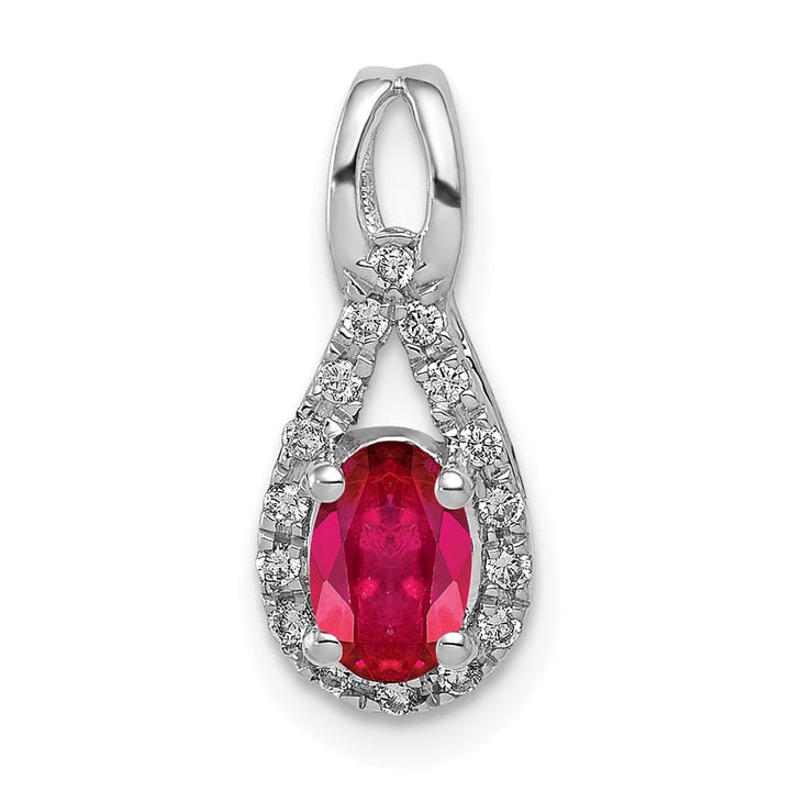 14K White Gold Diamond and .50 ct Oval Ruby Teardrop Halo Pendant