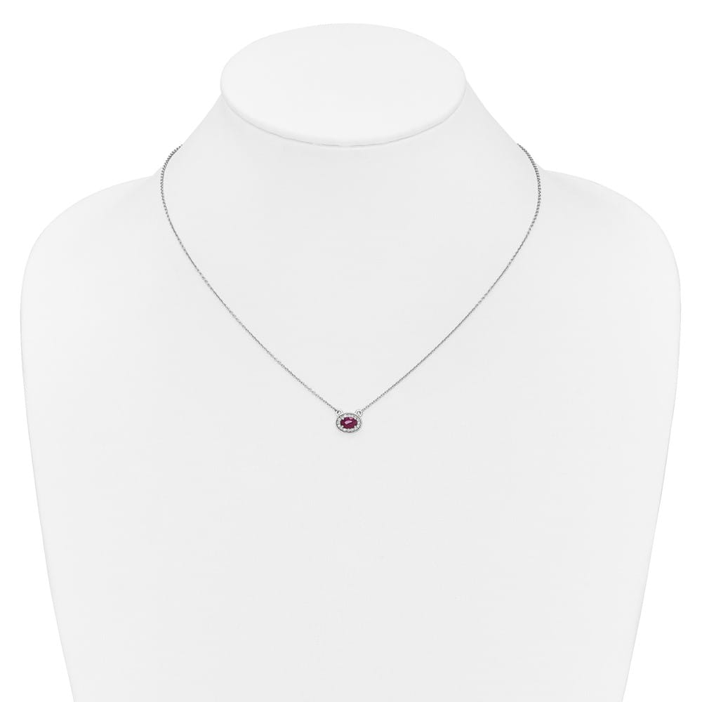 14K White Gold Diamond and 6x4mm Oval Ruby Halo East-West 18 Necklace