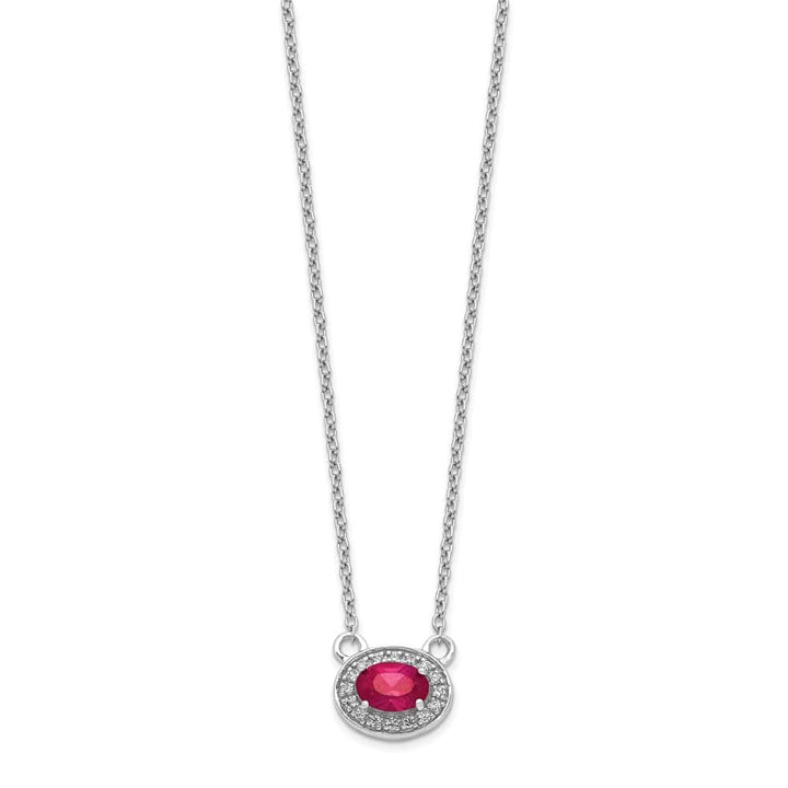 14K White Gold Diamond and 6x4mm Oval Ruby Halo East-West 18 Necklace
