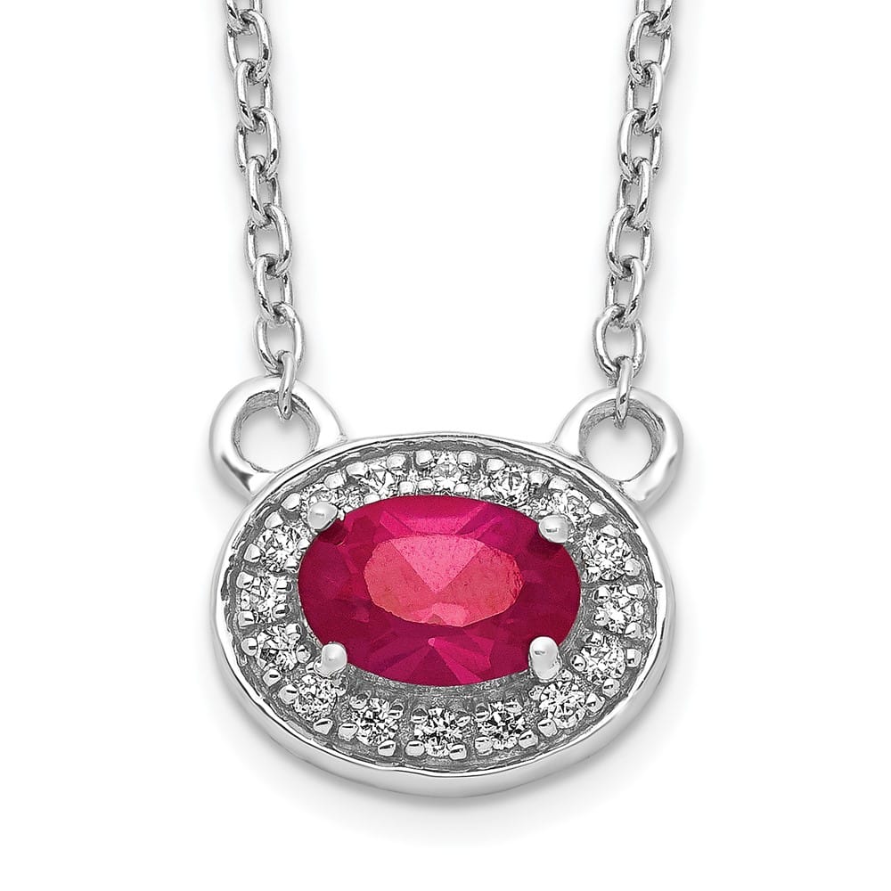 14K White Gold Diamond and 6x4mm Oval Ruby Halo East-West 18 Necklace