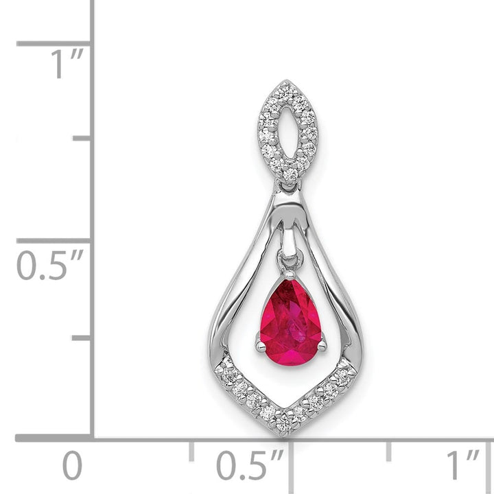 14K White Gold Diamond and 6x4mm Pear Ruby Teardrop Dangle Pendant