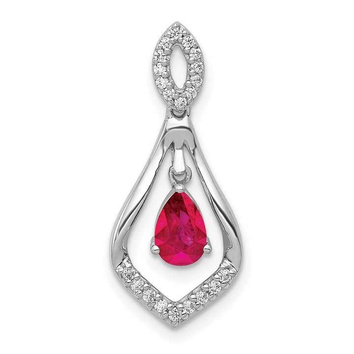 14K White Gold Diamond and 6x4mm Pear Ruby Teardrop Dangle Pendant